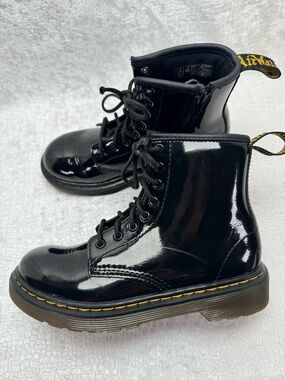 Dr. Martens Little Girl’s Black Patent Lace-Up Side Zip Boots, Size 1